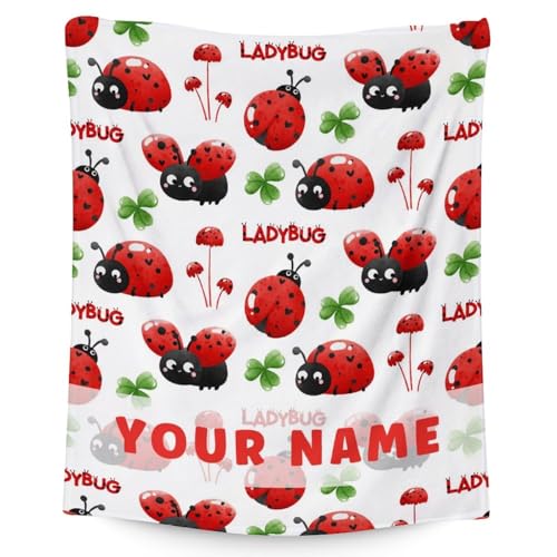 Personalized Ladybug Throw Blanket - Soft, Fuzzy & Warm - 40x50 Inches Small Blanket for Couch, Sofa - White Cute Throw Gift for Girls, Boys