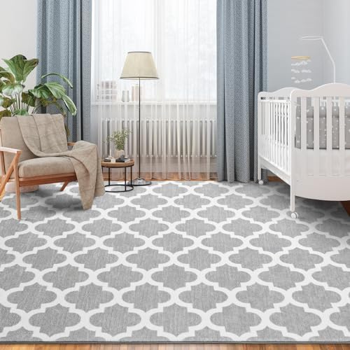 Jelymark Shag Moroccan Area Rug for Living Room, 4x6 Feet Modern Geometric Rug, Fluffy Distressed Faux Wool Floor Carpet, Memory Foam Rug for Bedroom Nursery Kids Room Home Decor, Light Grey/White