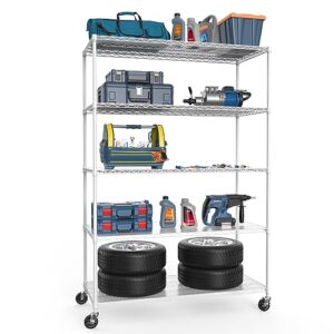 5 tier nsf wire shelf shelving unit, 24 x 48 x 82 inch 6000lbs capacity heavy duty adjustable storage metal rack with wheels/leveling feet & shelf liners, ideal for garage, kitchen, and more - white