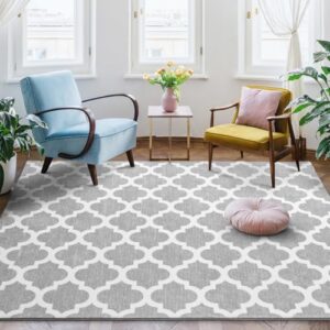 Jelymark Shag Moroccan Area Rug for Living Room, 4x6 Feet Modern Geometric Rug, Fluffy Distressed Faux Wool Floor Carpet, Memory Foam Rug for Bedroom Nursery Kids Room Home Decor, Light Grey/White