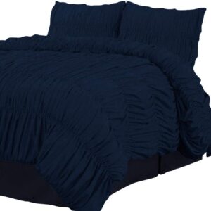 Urban Bedding Navy Blue Ruffle Gathered 3 Pieces Duvet Cover Hidden Zipper Closure 500 TC Egyptian Cotton (1 Duvet Cover & 2 Pillow Shams) Full/Queen Size