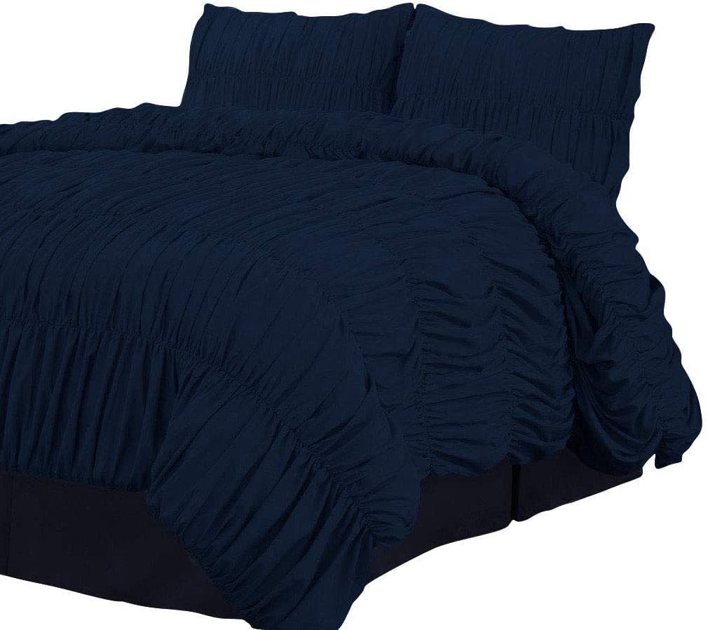 Urban Bedding Navy Blue Ruffle Gathered 3 Pieces Duvet Cover Hidden Zipper Closure 500 TC Egyptian Cotton (1 Duvet Cover & 2 Pillow Shams) Full/Queen Size