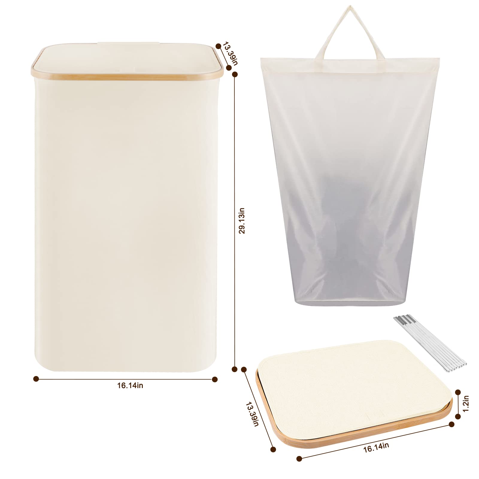 Large Laundry Basket with Lid - 100L Collapsible Laundry Hamper with Removable Bag, Waterproof Slim Laundry Basket with Handles, Tall Dirty Clothes Hamper for Bedroom Bathroom (Beige)