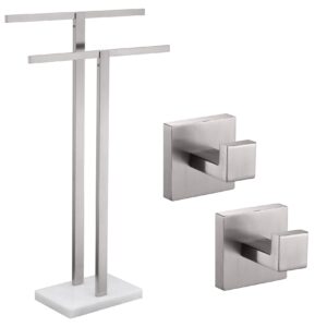 kokosiri bathroom towel rack 2-tier standing towel racks with marble base freestanding towel bars bath towel hook robe hook coat hook brushed nickel ths0001-br+b1010br-p2