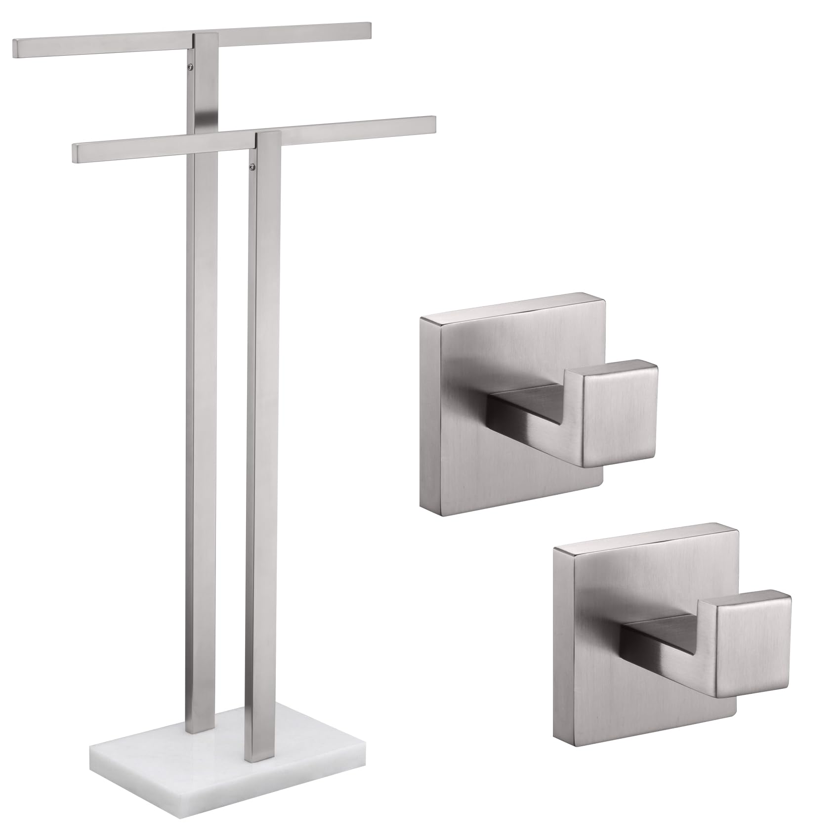 KOKOSIRI Bathroom Towel Rack 2-Tier Standing Towel Racks with Marble Base Freestanding Towel Bars Bath Towel Hook Robe Hook Coat Hook Brushed Nickel THS0001-BR+B1010BR-P2