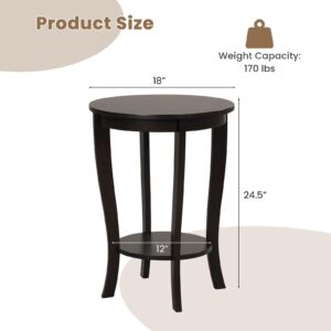 GOFLAME 2-Tier Round End Table, 18” Sofa Side Table with Storage Shelf, Floor Tea Table with Solid Wood Legs, Compact Nightstand for Small Space, Living Room, Bedroom, Espresso