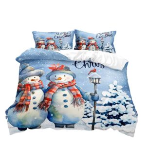 LUVIVIHOME 3PCS Snowman Duvet Cover King Bedding, Christmas Bedding, Light Blue Bedding, Boys Girls Kids Bedding, Holiday New Year Xmas Gifts Christmas Comforter Bedspread Quilt Cover, 2 Pillow Cases