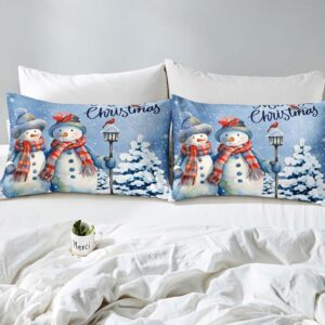 LUVIVIHOME 3PCS Snowman Duvet Cover King Bedding, Christmas Bedding, Light Blue Bedding, Boys Girls Kids Bedding, Holiday New Year Xmas Gifts Christmas Comforter Bedspread Quilt Cover, 2 Pillow Cases