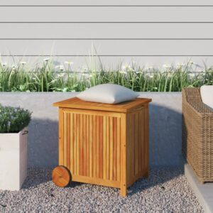 golinpeilo wooden patio storage box with 2 wheels, outdoor garden storage box, outdoor wood storage container for patio, garden, 23.6"x19.7"x22.8" solid wood acacia-aa