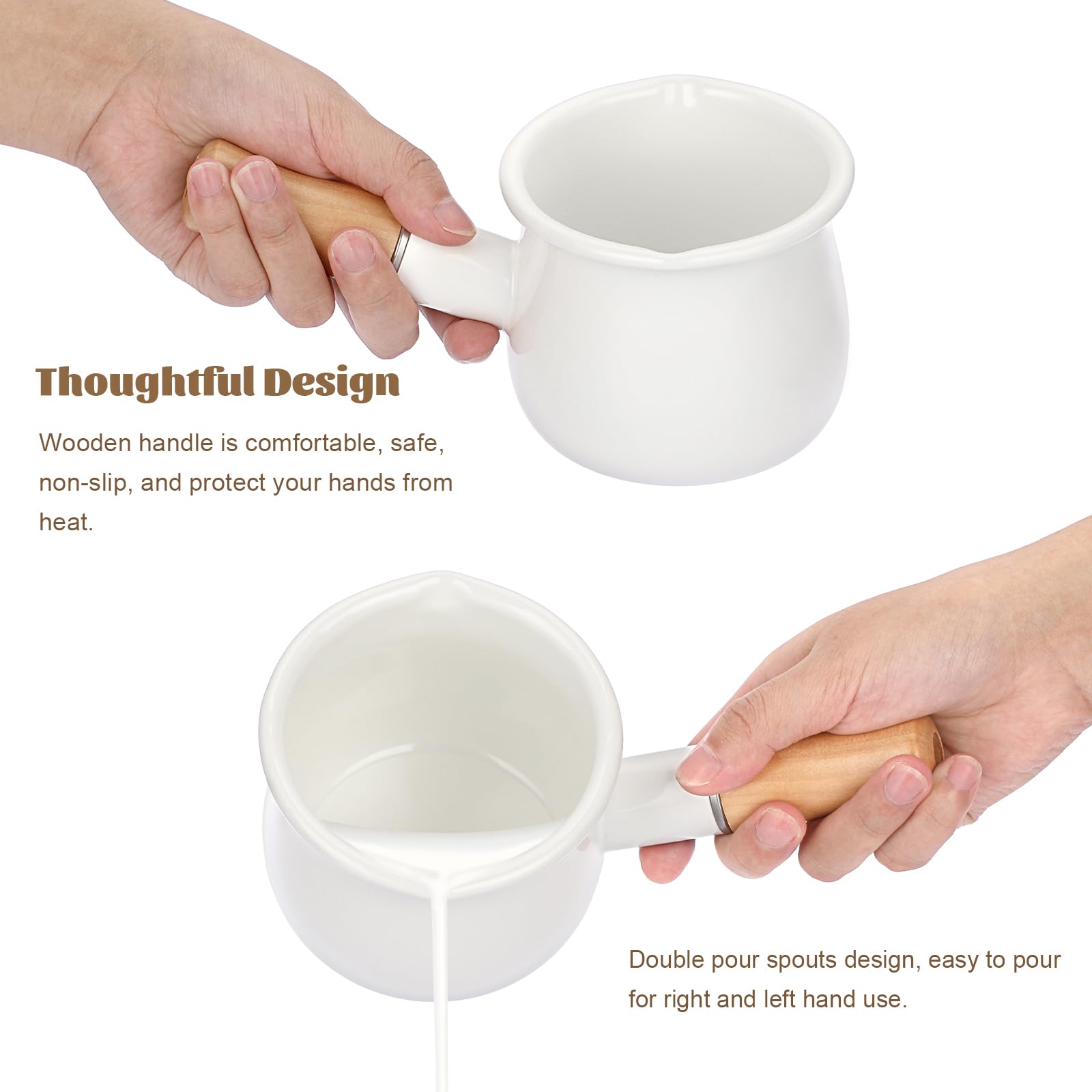 BSTKEY Enamel Milk Pan, Mini Butter Warmer Milk Pot Saucepan Small Cookware with Wooden Handle 2 Pour Spouts for Heating Milk Melting Butter Boiling Water (550ml, White)