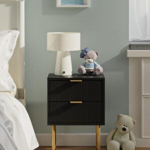 AEPOALUA Nightstand,Small Bedside Table with Gold Frame,White Night Stand,Bedside Furniture,Side Table with Drawer and Shelf for Bedroom,Living Room (Mid-Century-Stripe, Black.)