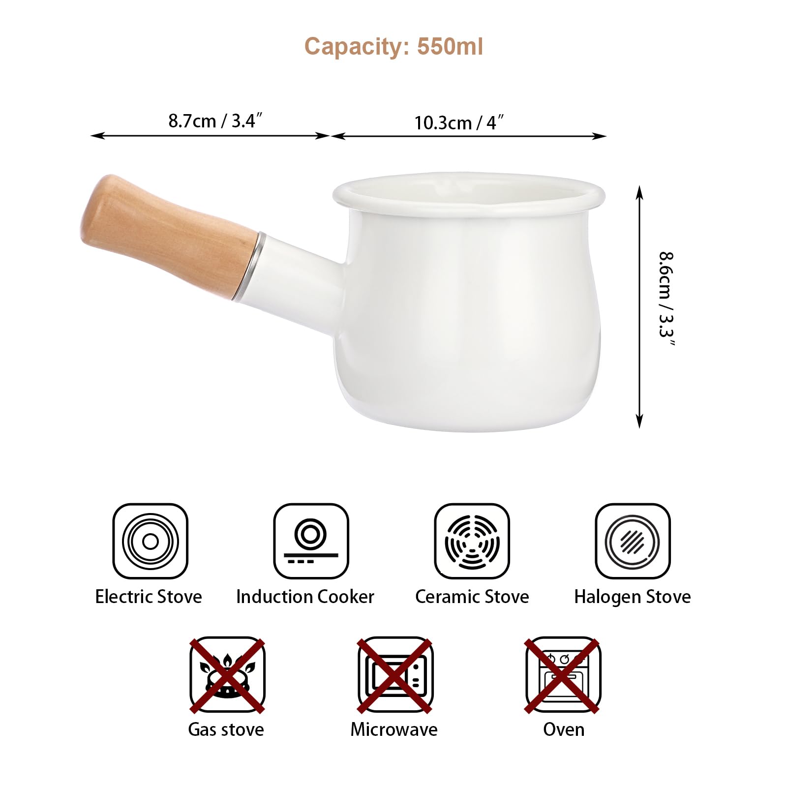 BSTKEY Enamel Milk Pan, Mini Butter Warmer Milk Pot Saucepan Small Cookware with Wooden Handle 2 Pour Spouts for Heating Milk Melting Butter Boiling Water (550ml, White)