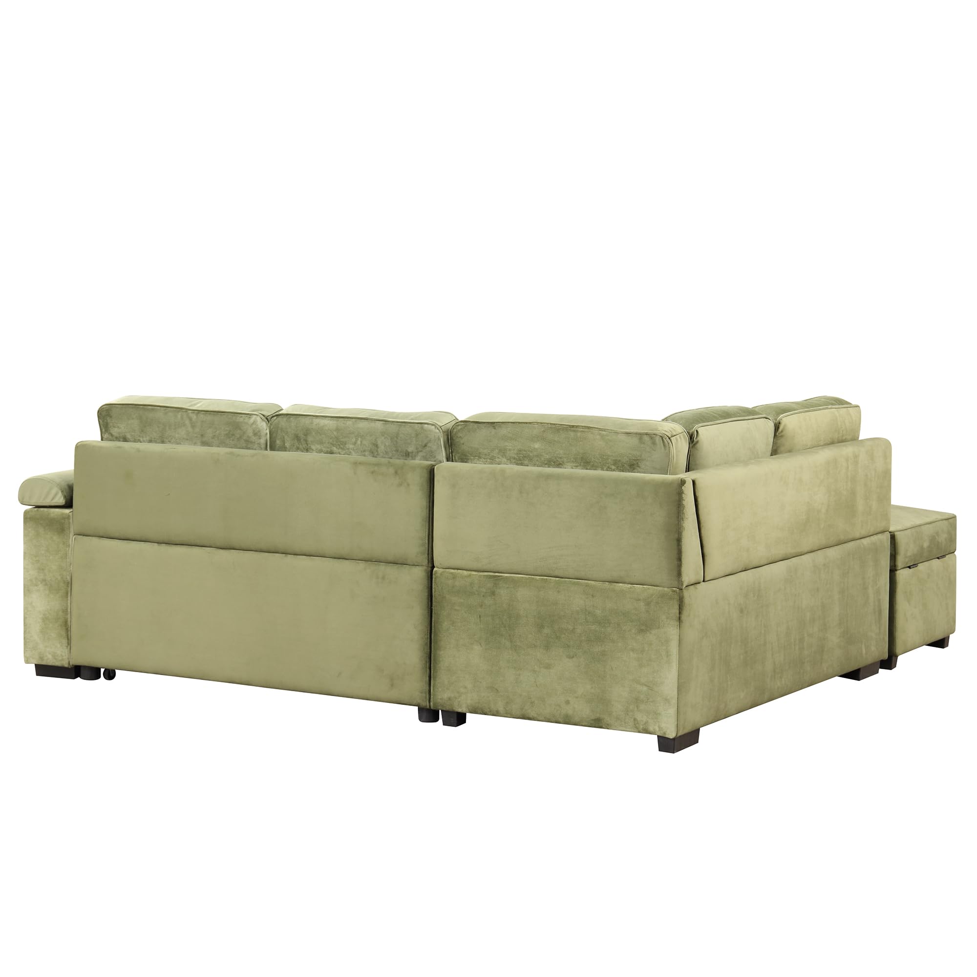 Linen L-shape Reversible Sleeper Sectional Sofa Couch with Storage Ottoman, 2 in 1 Pull Out Convertible Sofa Bed with Cup Holders and USB Charging Port for Living Room Apartment Office (Green-LI)