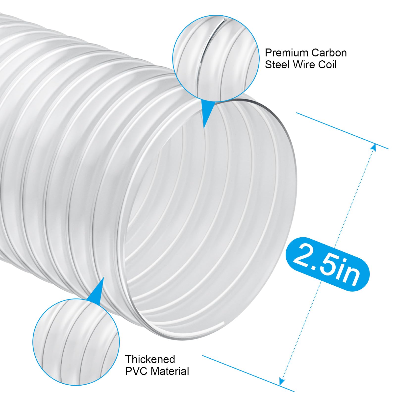 Elecoman 2 1/2" x 50' Heavy PVC Dust Collection Hose,Flexible Clear Debris and Fume Collection Hose with Stainless Steel Hose Clamps for Dust Collectors with 2 1/2" Ports, Ideal for Shop Vacuums