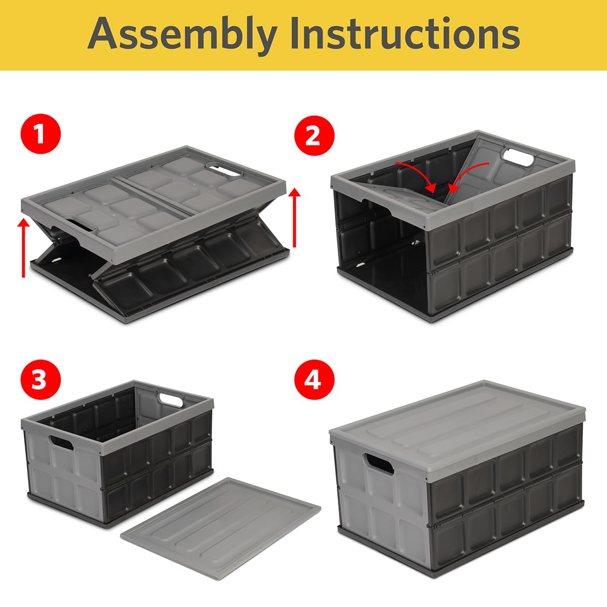 Glad Collapsible Storage Bin with Lid - 48L Foldable Plastic Box for Garage, Car Trunk, and Organization - Stackable Lidded Container with Handles, Grey