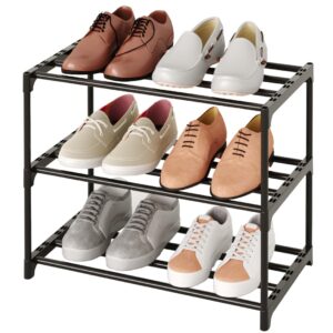 tauehr small stackable shoe rack,narrow kids shoe stand,metal shoe storage shelf for 6-8 pairs of shoes entryway and closet hallway(3-tier, black)