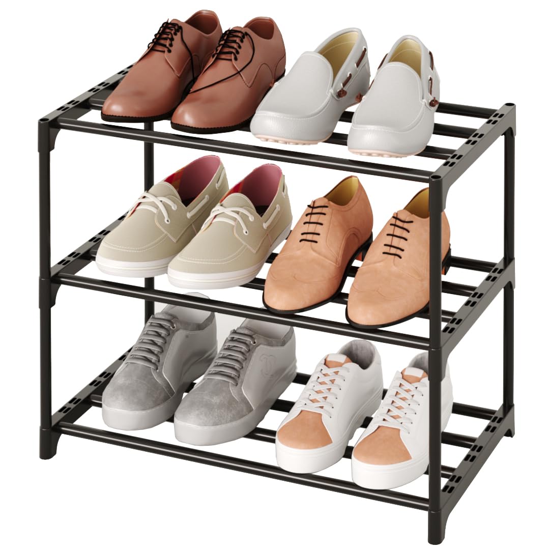 TAUEHR Small Stackable Shoe Rack,Narrow Kids Shoe Stand,Metal Shoe Storage Shelf for 6-8 Pairs of Shoes Entryway and Closet Hallway(3-Tier, Black)