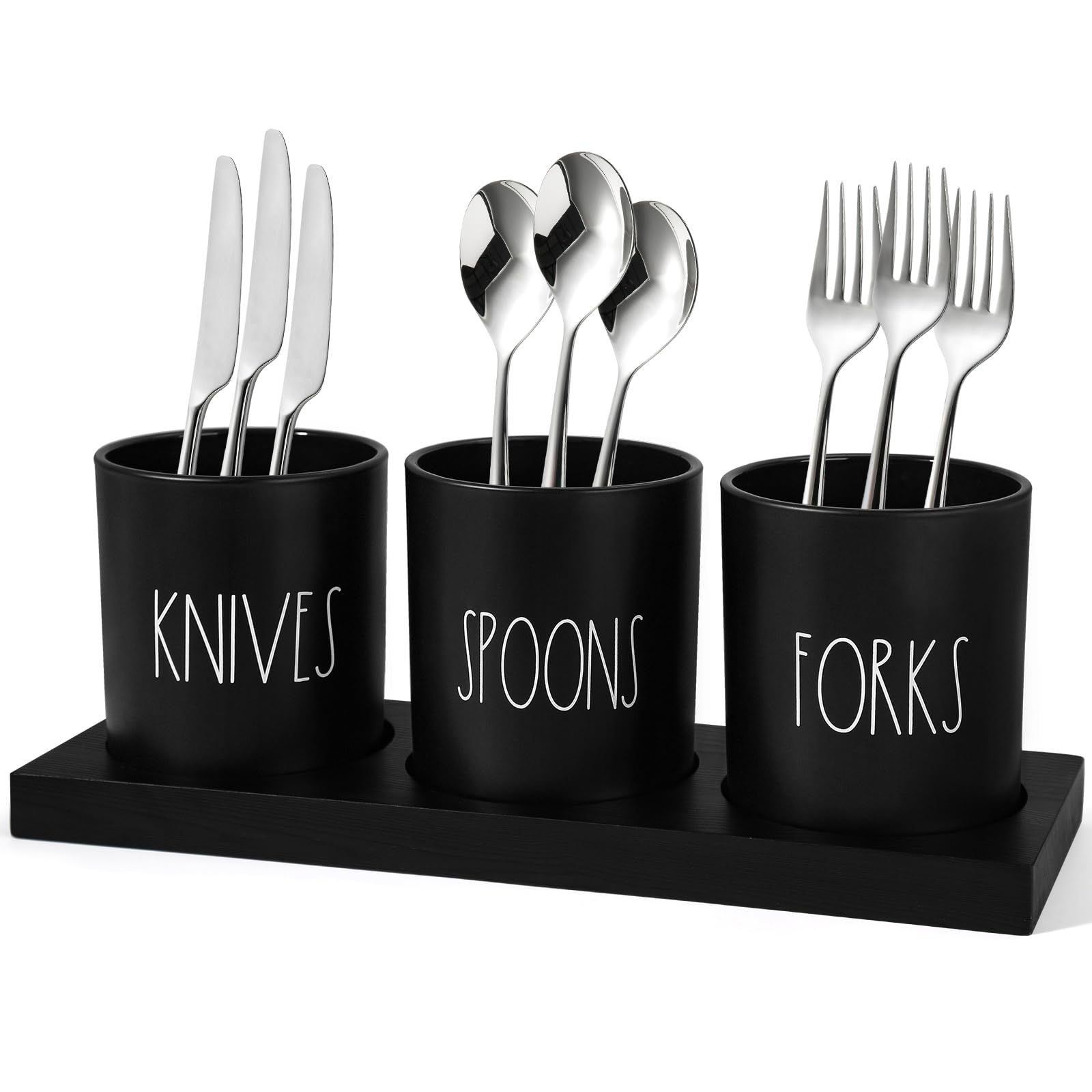 ALPIRIRAL Silverware Caddy, 4 Pieces Kitchen Utensil Holder for Countertop, Black Utensil Holder for Party, Silverware Holder for Party with Wood Tray, Farmhouse Cutlery Holder Storage Organizer