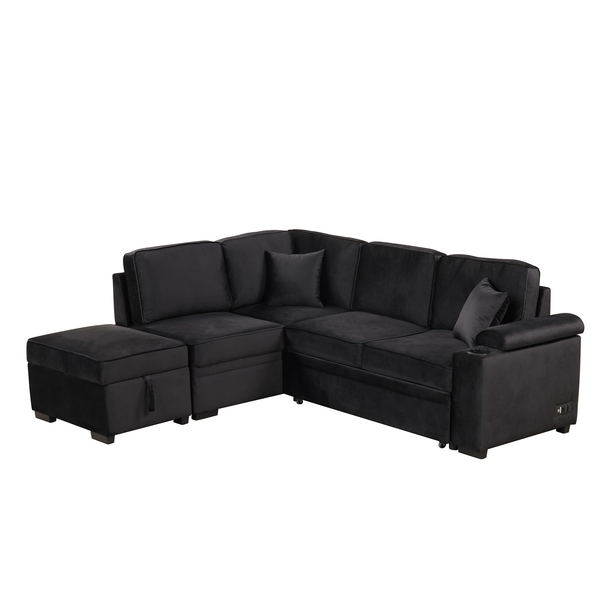 Merax L Shaped Sectional Sofa Couch Pull Out Sleeper Bed with Storage Ottoman for Living Room, Small Apartment Love Seats, Black_Linen