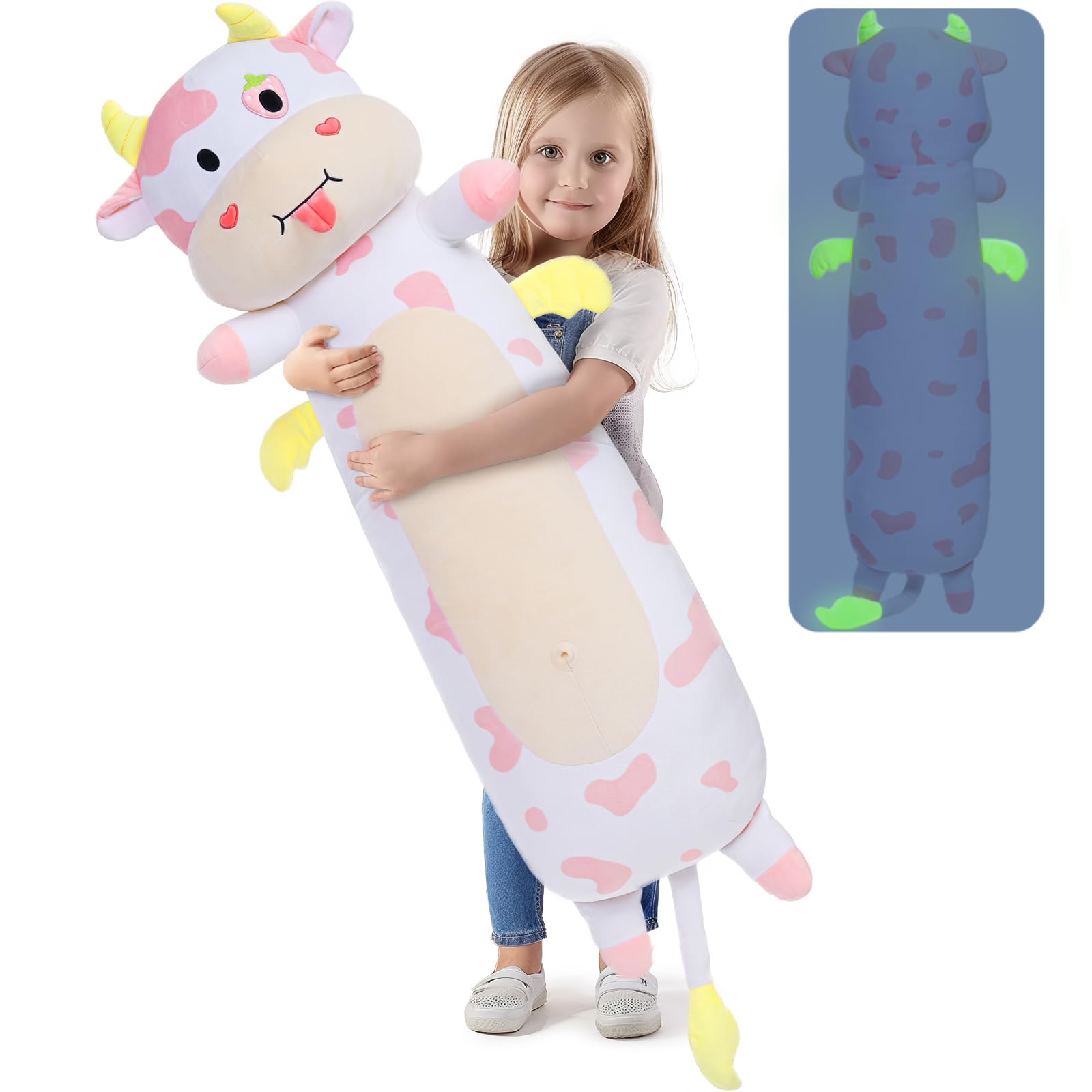 MorisMos Giant Cow Body Pillow 43'' Long Cow Pillow Plush, Pink Cow Stuffed Animal Glow in The Dark, Strawberry Cow Pillow with Heart for Girlfriend Valentine's Day Gift,Girl Boy Kid Body Pillow Gift