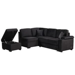 Merax L Shaped Sectional Sofa Couch Pull Out Sleeper Bed with Storage Ottoman for Living Room, Small Apartment Love Seats, Black_Linen