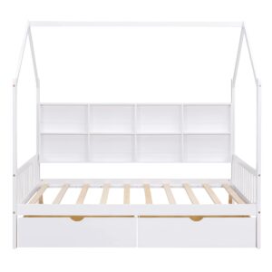 Harper & Bright Designs Full Size House Bed with Storage Drawers & Shelves, Montessori Bed Full Platform Bed Frame with Roof, Tent Bed, Solid Wood Playhouse Bed for Kids Teens Girls Boys (White)