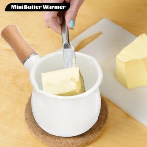 BSTKEY Enamel Milk Pan, Mini Butter Warmer Milk Pot Saucepan Small Cookware with Wooden Handle 2 Pour Spouts for Heating Milk Melting Butter Boiling Water (550ml, White)