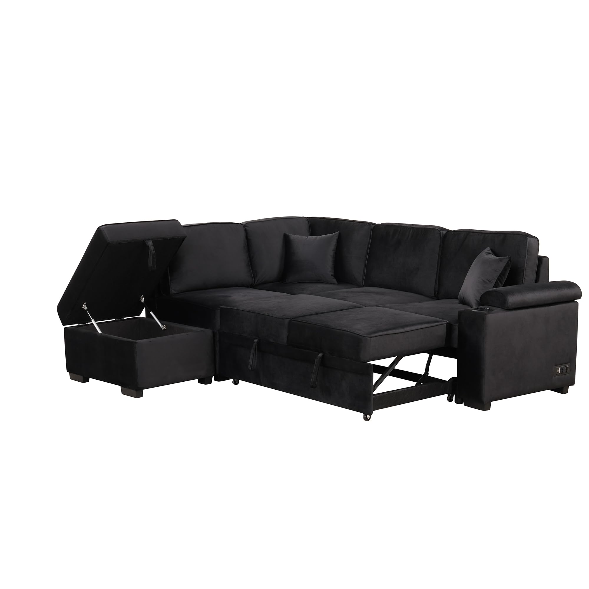 Merax L Shaped Sectional Sofa Couch Pull Out Sleeper Bed with Storage Ottoman for Living Room, Small Apartment Love Seats, Black_Linen