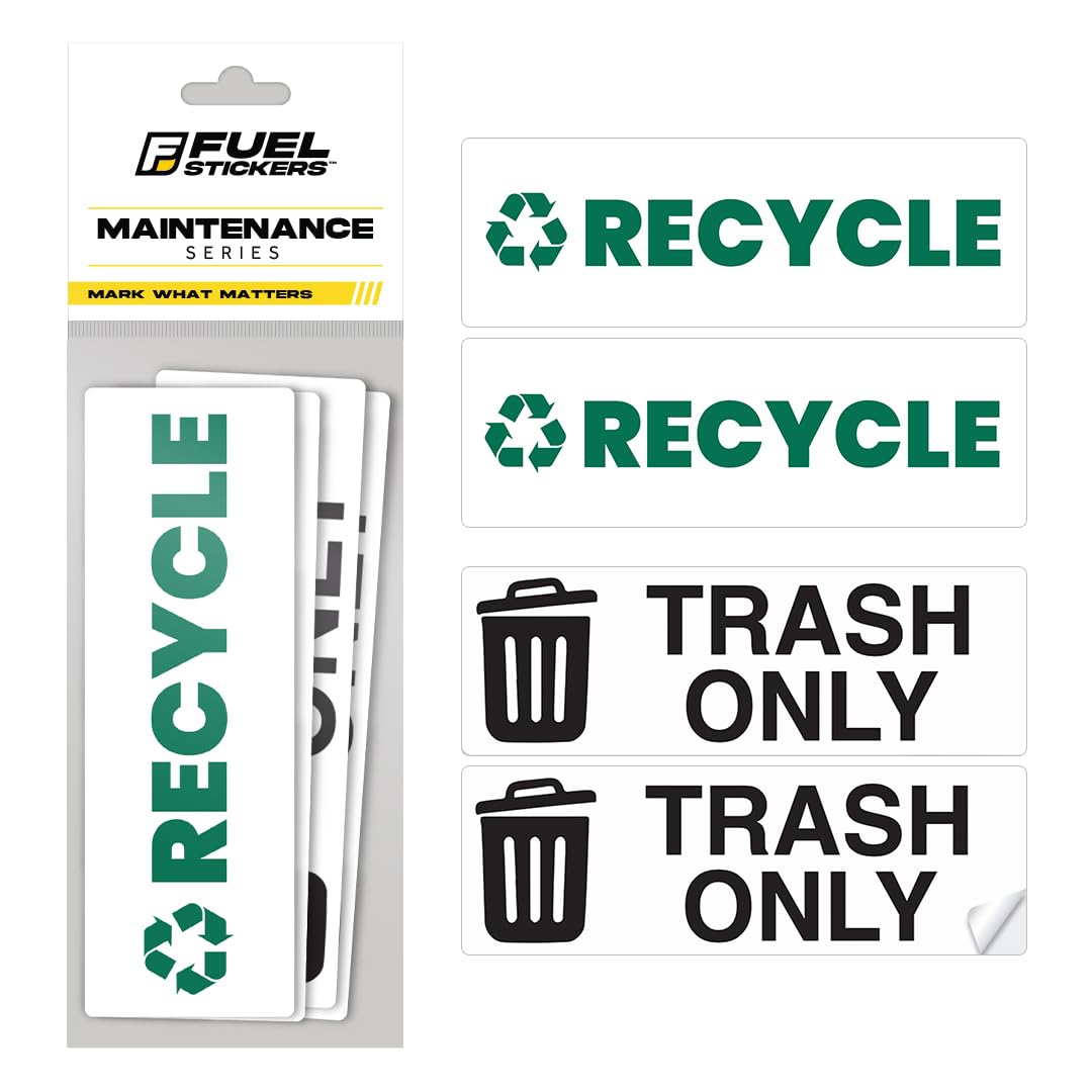 Trash Recycle Stickers – Heavy-Duty Trash Bin Labels - 3-5 Year Indoor/Outdoor Rated - Weather Proof, Ultra Durable - USA Made (6x2 inch), 10 Labels of Each, 20 Total