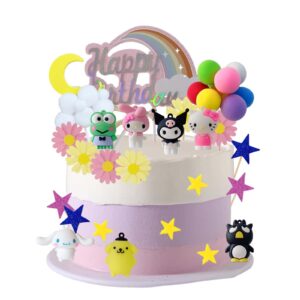 36pcs kitty cake topper rainbow balloon hello kuromi birthday party cake decorations supplies set, mini colorful party decor favors for kids girls boys happy birthday baby shower