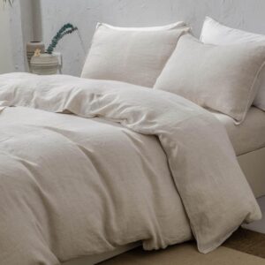 meadow park 100% Linen Duvet Cover Set Queen, 3 Pieces (1 Duvet Cover and 2 Pillow Shams), Basic Style with Button Closure, Washed French Flax, Queen Size, Natural Color