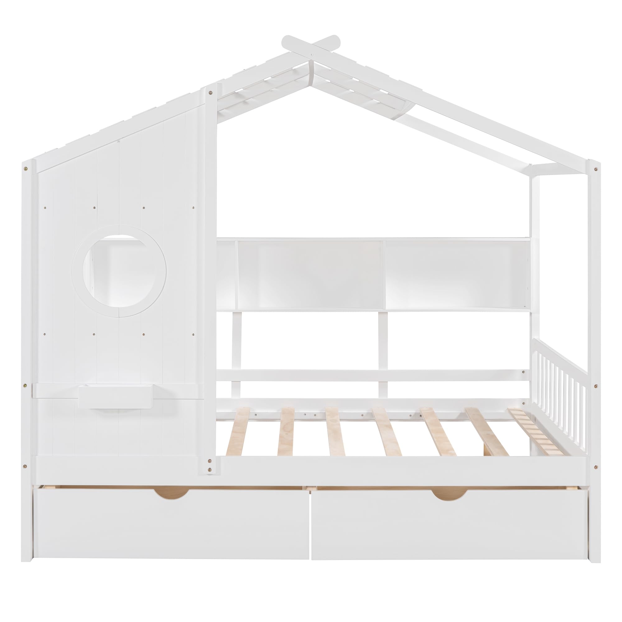 Tdewlye Wooden Full Size House Bed with 2 Drawers,Kids Bed with Storage Shelf, Montessori Bed with Roof and Window Design for Girls Boys (White-07)