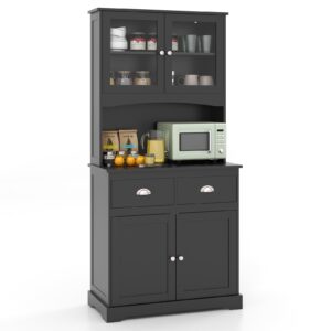 giantex 67" pantry organizers, freestanding tall buffet cabinet with hutch and 2 drawers, wooden cupboard with glass doors, storage sideboard for kitchen bathroom living room (black)