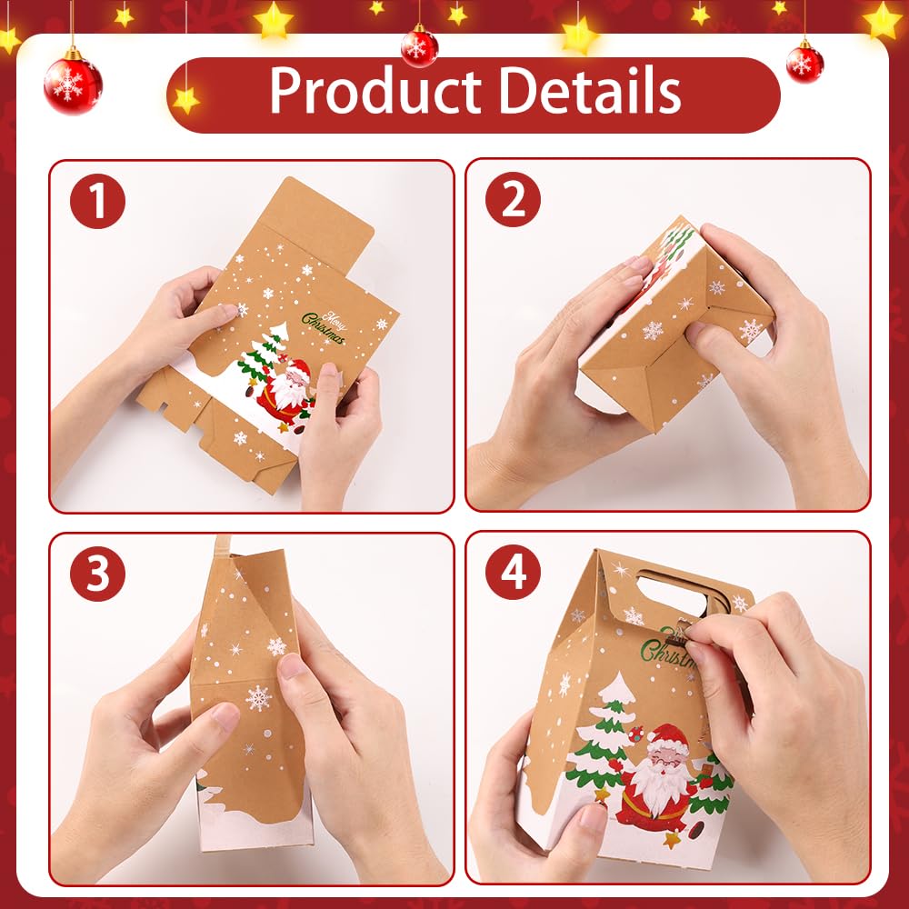 Vellibring 24PCS Christmas Kraft Candy Boxes,Christmas Kraft Paper Cookies Candy Treat Boxes Bags for Christmas Gift Wrapping Boxes Xmas Party Supplies Decorations