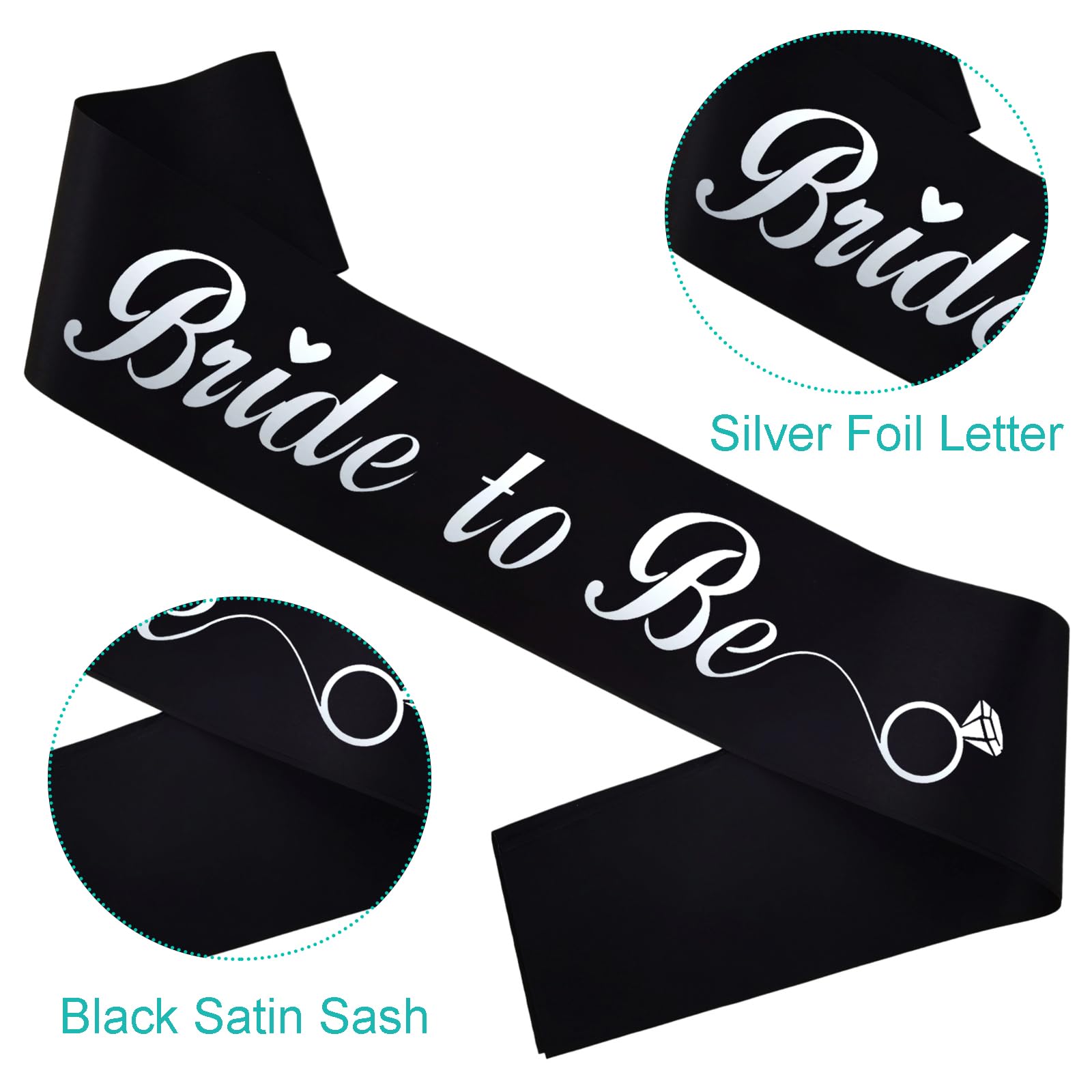 KETAOO Bride to Be Sash, Silver Foil Black Bachelorette Sash for Bridal Shower Favors Engagement or Wedding Party Accessories Hen Night Gifts