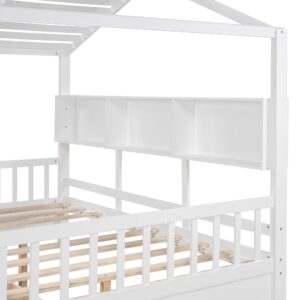 Tdewlye Wooden Full Size House Bed with 2 Drawers,Kids Bed with Storage Shelf, Montessori Bed with Roof and Window Design for Girls Boys (White-07)