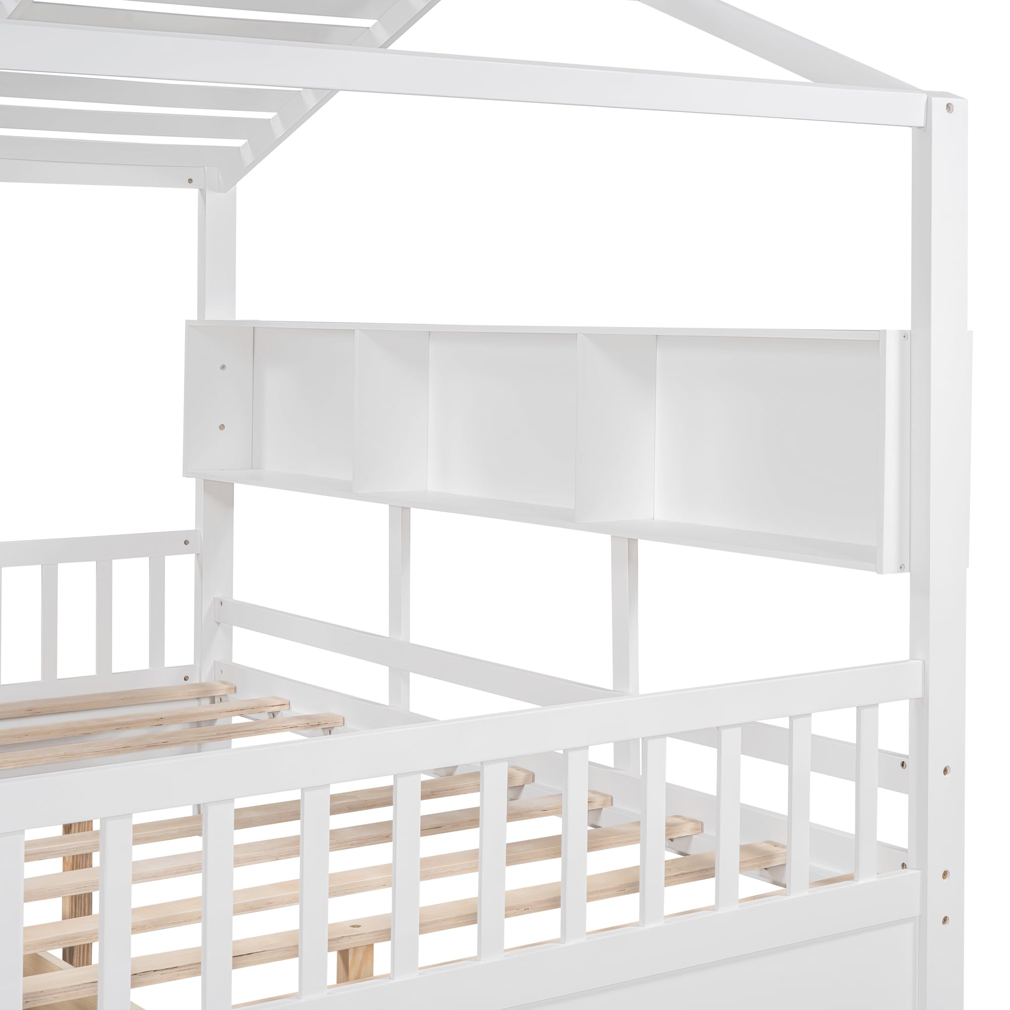 Tdewlye Wooden Full Size House Bed with 2 Drawers,Kids Bed with Storage Shelf, Montessori Bed with Roof and Window Design for Girls Boys (White-07)