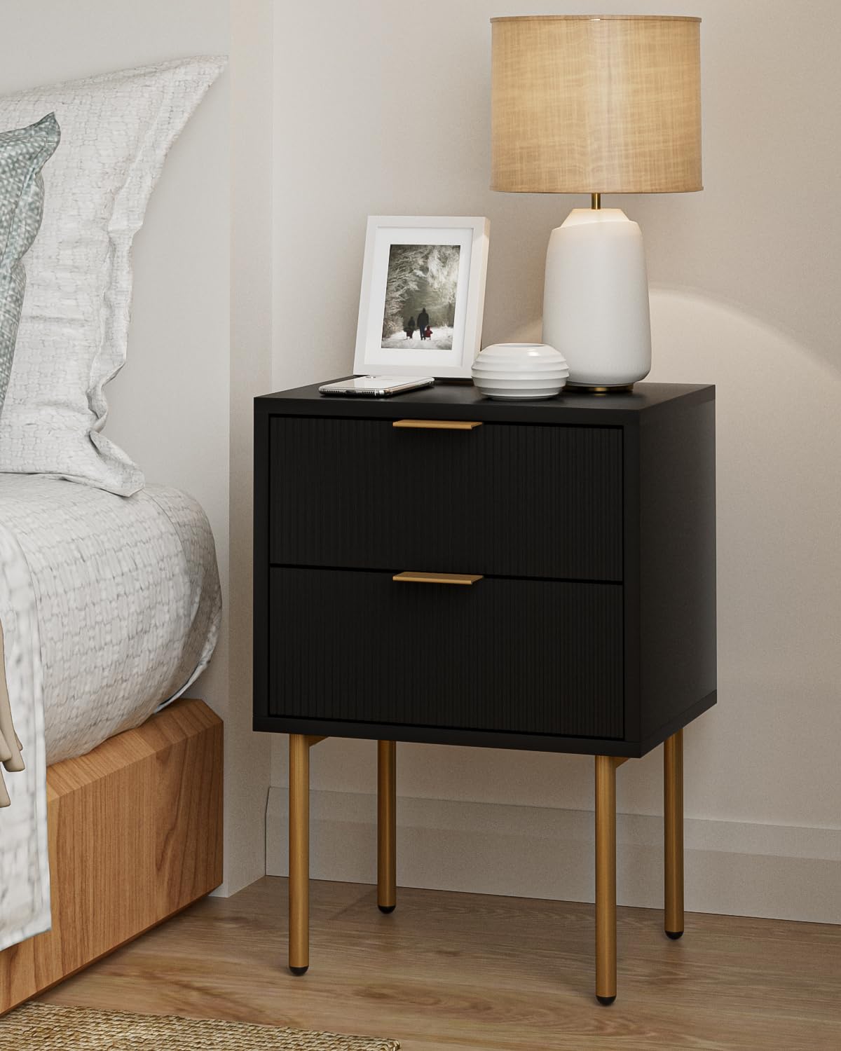 AEPOALUA Nightstand,Small Bedside Table with Gold Frame,White Night Stand,Bedside Furniture,Side Table with Drawer and Shelf for Bedroom,Living Room (Mid-Century-Stripe, Black.)