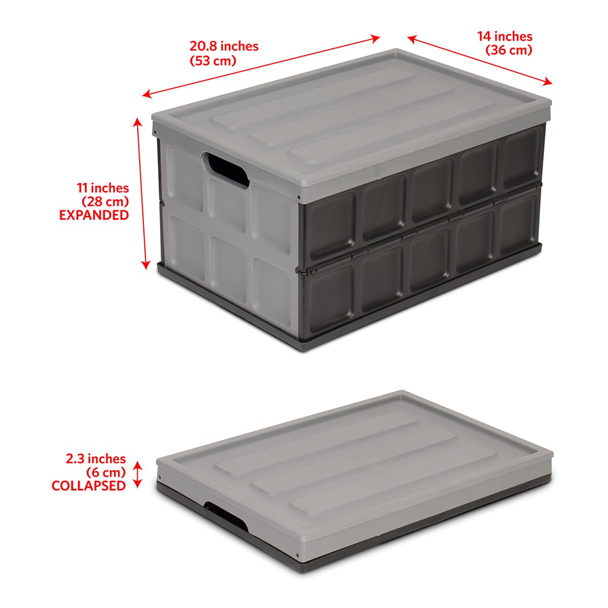 Glad Collapsible Storage Bin with Lid - 48L Foldable Plastic Box for Garage, Car Trunk, and Organization - Stackable Lidded Container with Handles, Grey