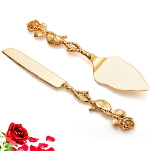 mezchi wedding cake knife and server set, gold cake cutting set for wedding, vintage rose wedding cake cutting set for birthday, party, anniversary, cake, pie, pizza