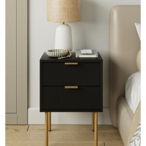 AEPOALUA Nightstand,Small Bedside Table with Gold Frame,White Night Stand,Bedside Furniture,Side Table with Drawer and Shelf for Bedroom,Living Room (Mid-Century-Stripe, Black.)