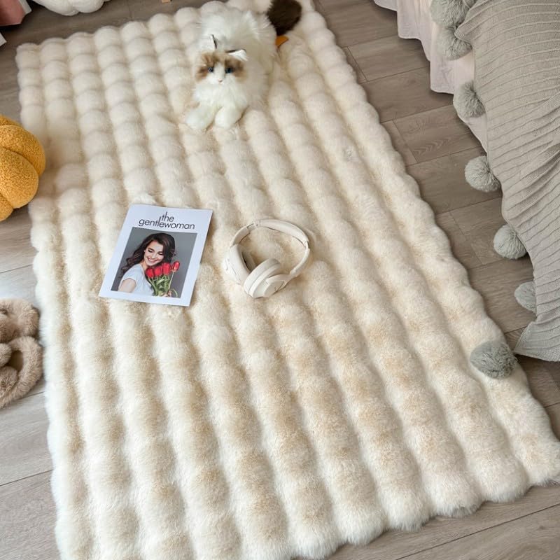 Poowe Ultra Soft Fluffy Rug Beige Faux Sheepskin Fur Area Rug Shaggy Couch Cover Seat Cushion Furry Carpet Beside Rugs for Bedroom Floor Sofa Living Room Runner, 1.6x2.6 Feet