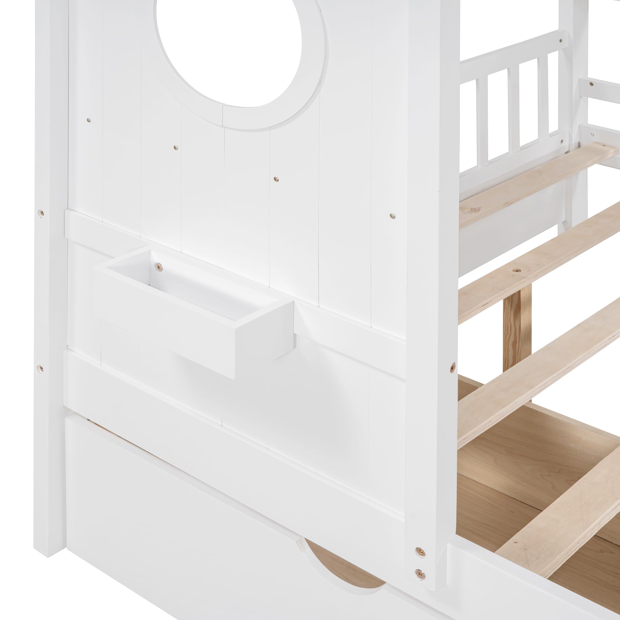 Tdewlye Wooden Full Size House Bed with 2 Drawers,Kids Bed with Storage Shelf, Montessori Bed with Roof and Window Design for Girls Boys (White-07)