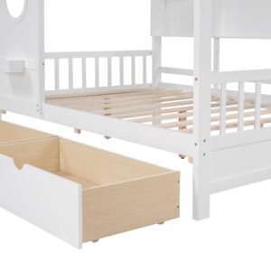 Tdewlye Wooden Full Size House Bed with 2 Drawers,Kids Bed with Storage Shelf, Montessori Bed with Roof and Window Design for Girls Boys (White-07)