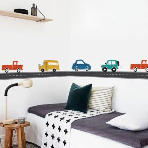 QUCHENG Wall Border Road Stickers Street Nursery Decor Boys Bedroom Decals Vehicle Removable Wallpaper Kids Room Vinyl Murals DIY Cute Decorations