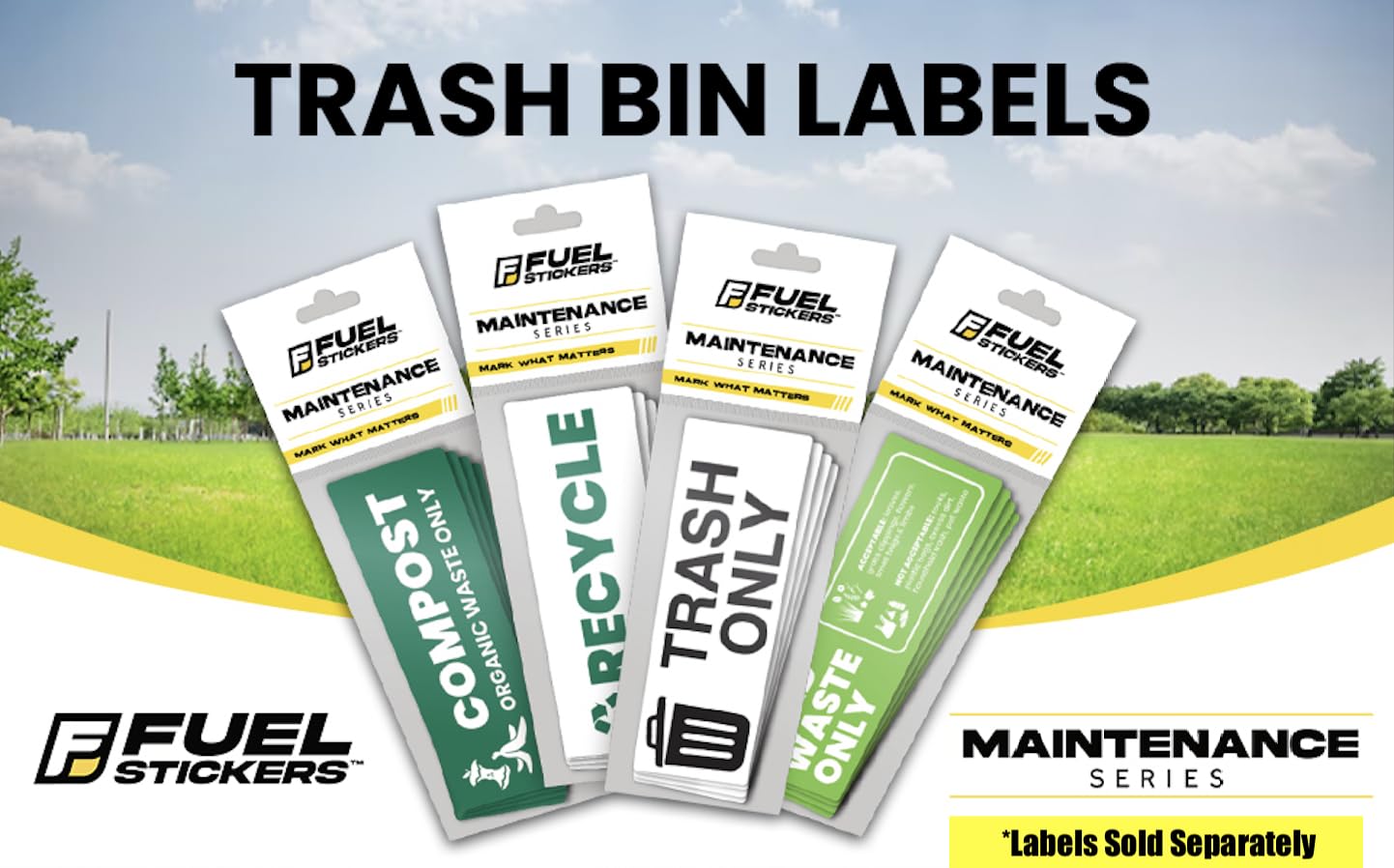 Trash Recycle Stickers – Heavy-Duty Trash Bin Labels - 3-5 Year Indoor/Outdoor Rated - Weather Proof, Ultra Durable - USA Made (6x2 inch), 10 Labels of Each, 20 Total