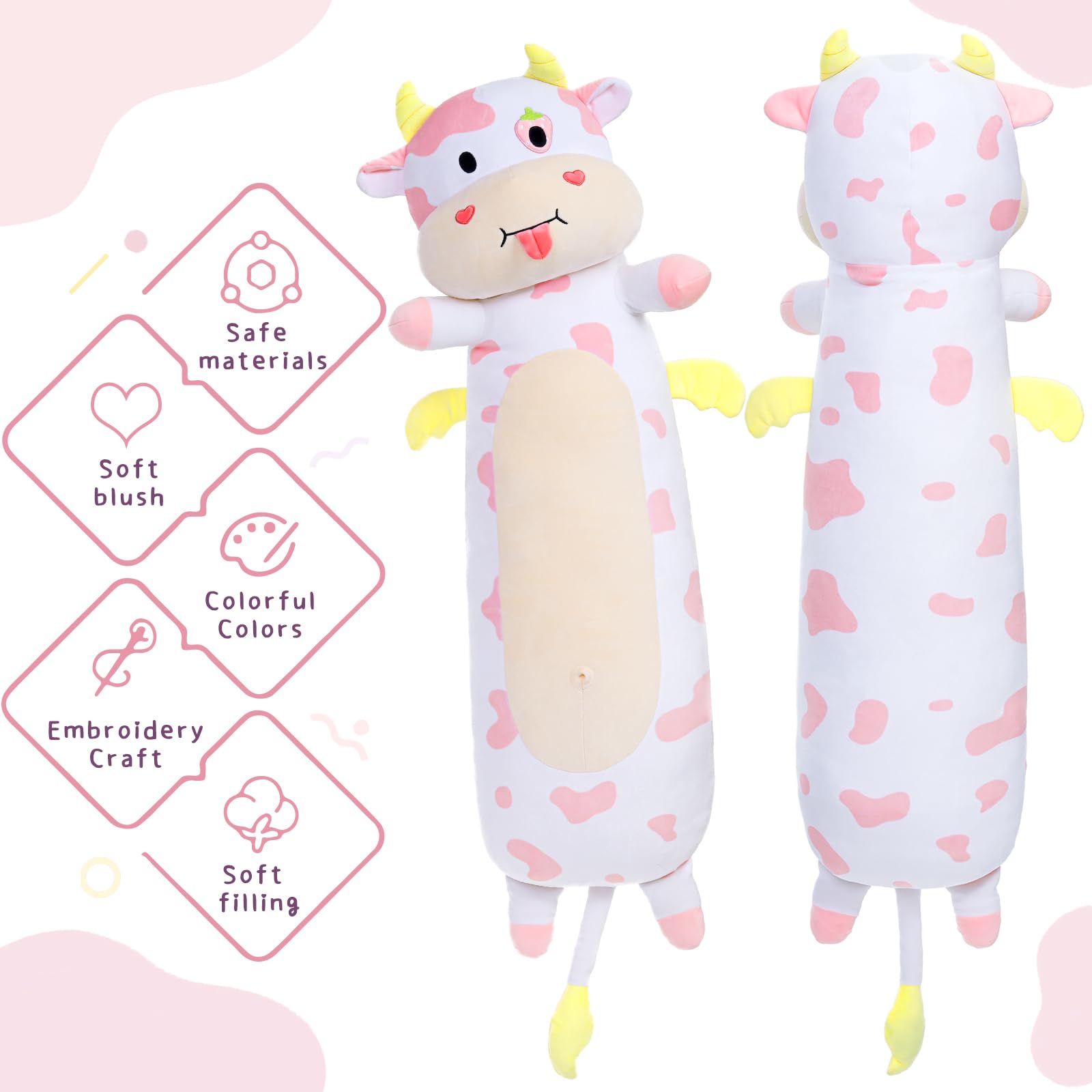 MorisMos Giant Cow Body Pillow 43'' Long Cow Pillow Plush, Pink Cow Stuffed Animal Glow in The Dark, Strawberry Cow Pillow with Heart for Girlfriend Valentine's Day Gift,Girl Boy Kid Body Pillow Gift