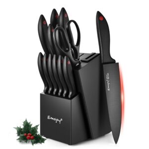 emojoy 15pcs kitchen knife set with block and built-in sharpener, stainless steel knife block set, dishwasher safe, black