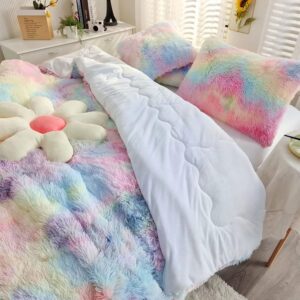 chovy Kids Girls Faux Fur Rainbow Comforter Sets Twin/Full - 3PC Bed Set Soft Warm Comfortable Classical Rabbit Plush Velvet Flannel Fluffy Fuzzy Bedding（Comforter x 1 Pillowcases x 2）