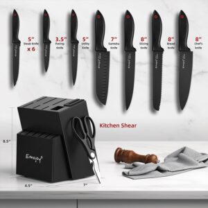 Emojoy 15Pcs Kitchen Knife Set with Block and Built-in Sharpener, Stainless Steel Knife Block Set, Dishwasher Safe, Black